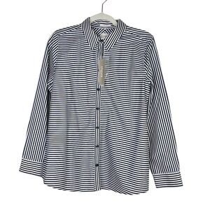NEW Chicos No Iron Cotton Striped Button Up Shirt Navy Blue Career Office Size 1